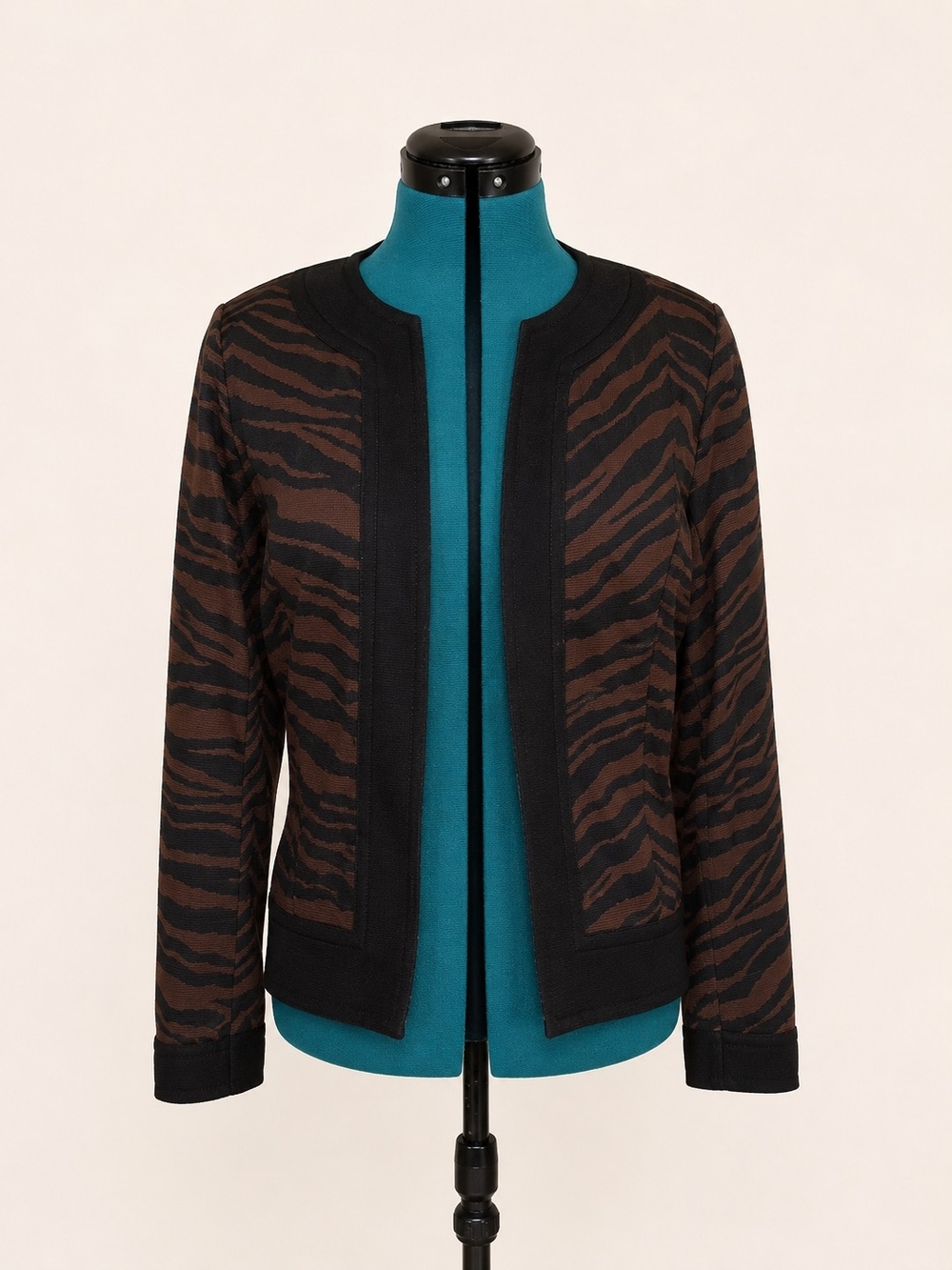 Brown and Black Zebra-Print Open Front Jacket